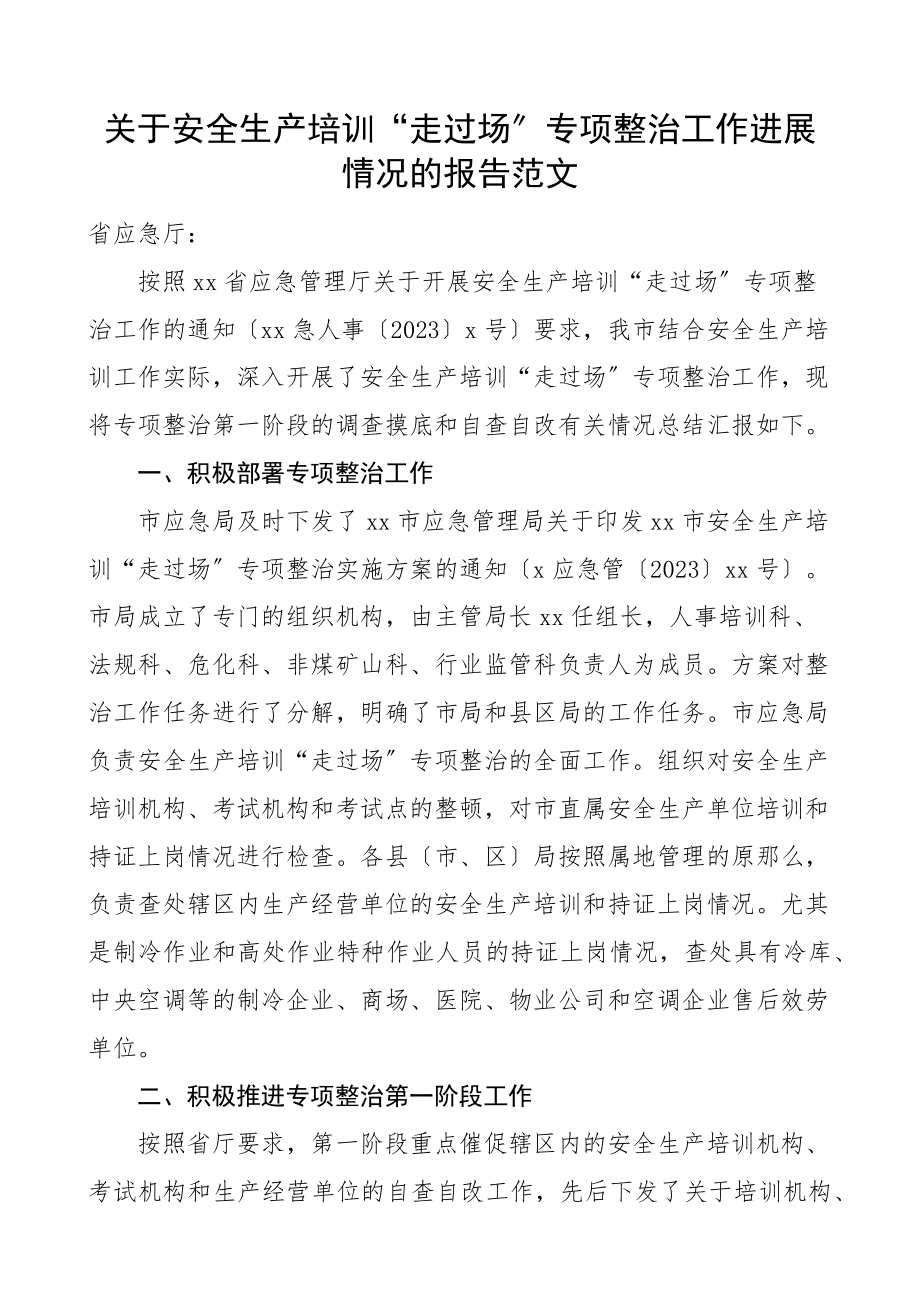 关于2023年安全生产培训走过场问题专项整治工作进展情况报告工作汇报总结新编范文.docx_第1页