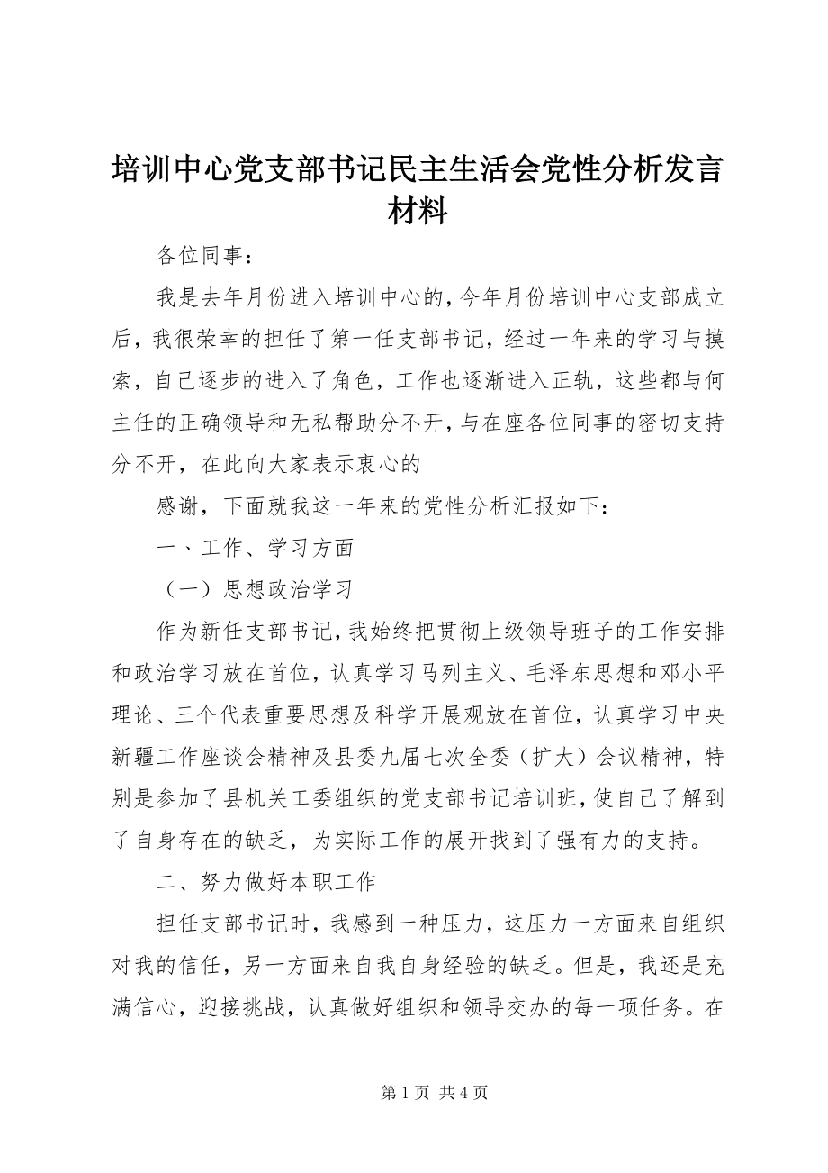 2023年培训中心党支部书记民主生活会党性分析讲话材料.docx_第1页