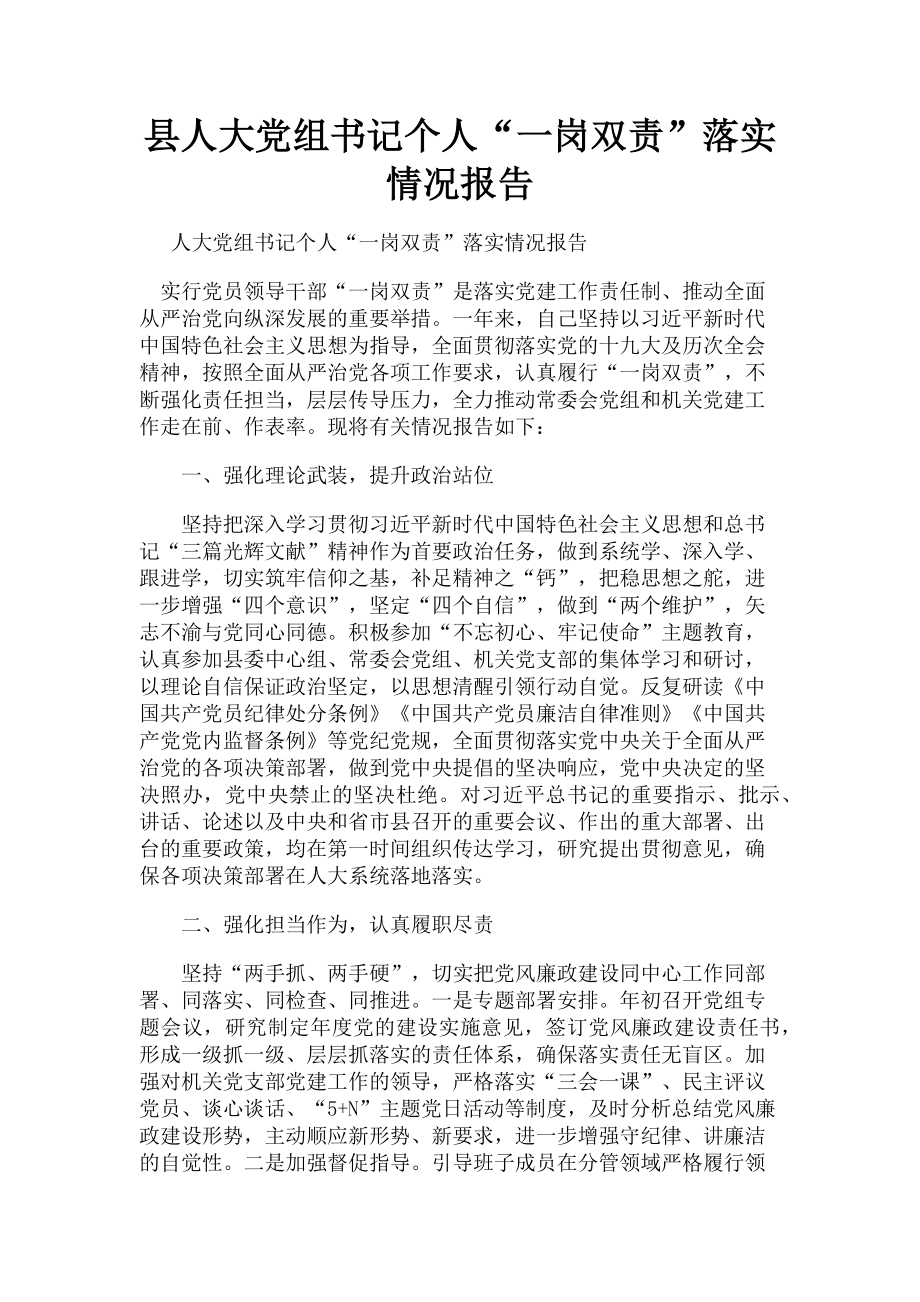 2023年县人大党组书记个人“一岗双责”落实情况报告.doc_第1页