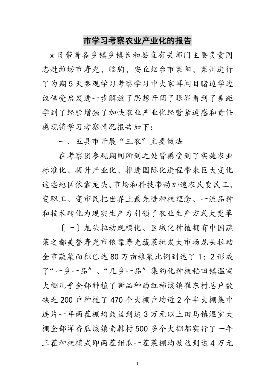 2023年市学习考察农业产业化的报告范文.doc_第1页