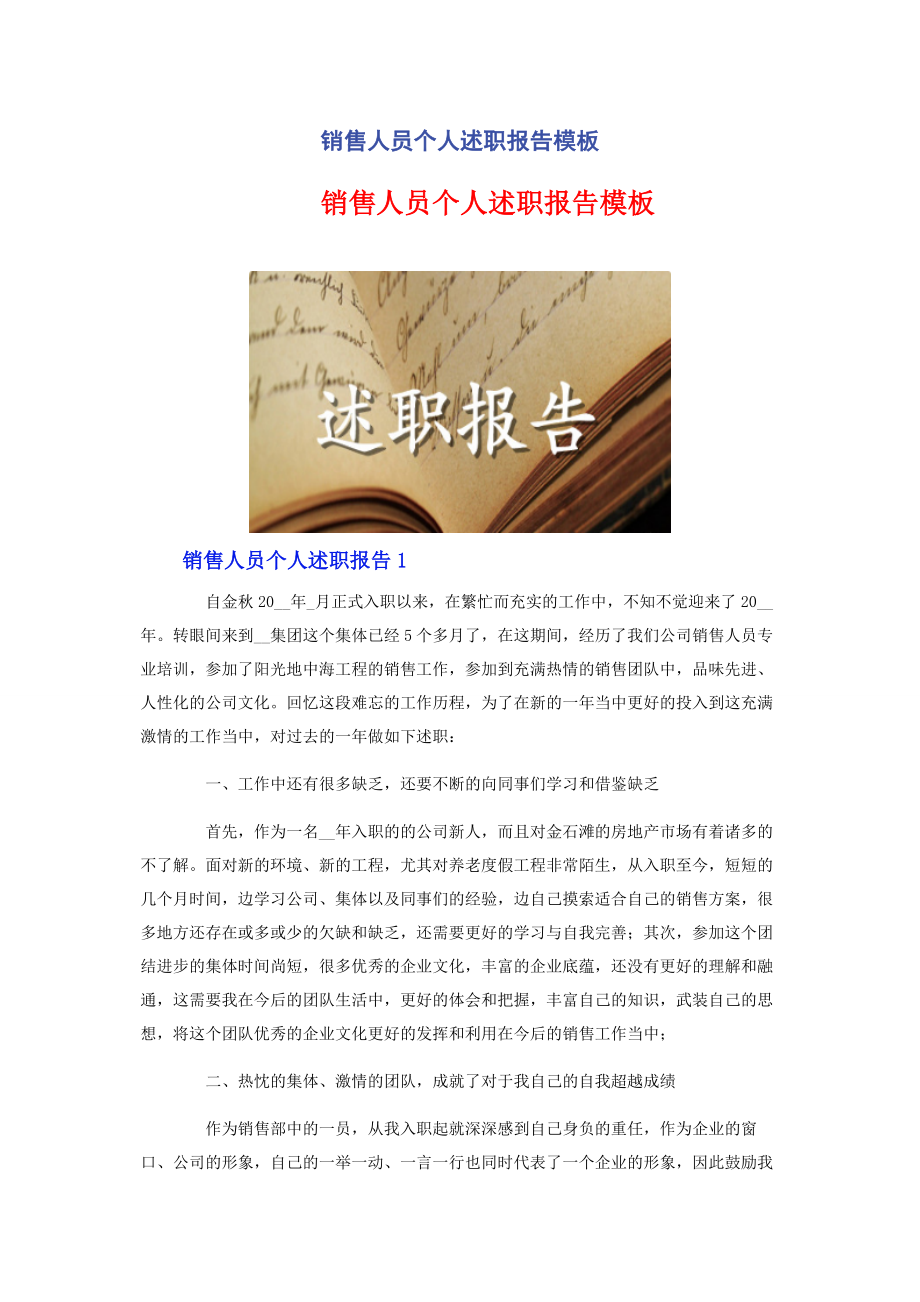 2023年销售人员个人述职报告模板.docx_第1页