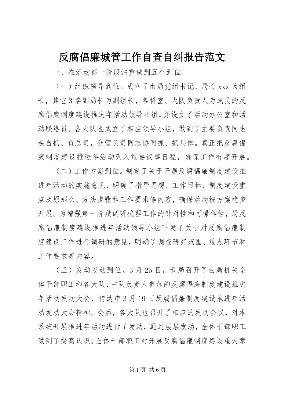 2023年反腐倡廉城管工作自查自纠报告.docx_第1页