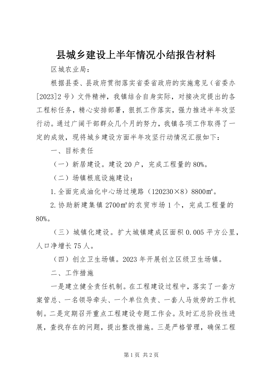 2023年县城乡建设上半年情况小结报告材料.docx_第1页