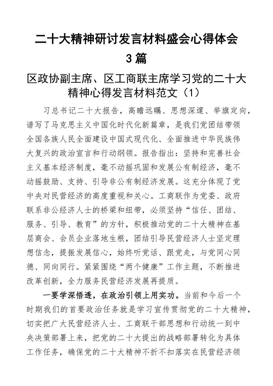 2023年二十大精神研讨发言材料盛会心得体会3篇 .docx_第1页