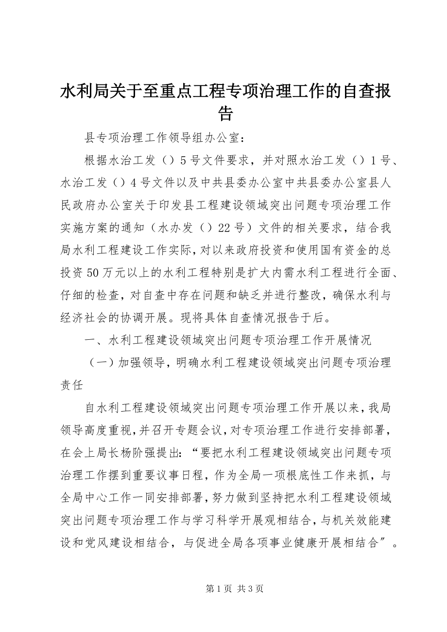 2023年水利局关于至重点工程专项治理工作的自查报告.docx_第1页