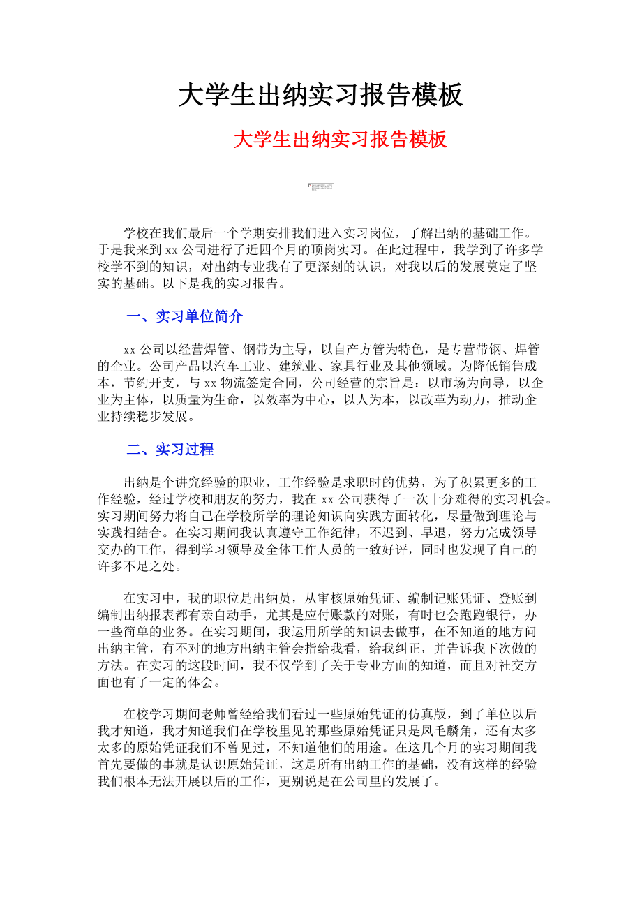 2023年大学生出纳实习报告模板.doc_第1页