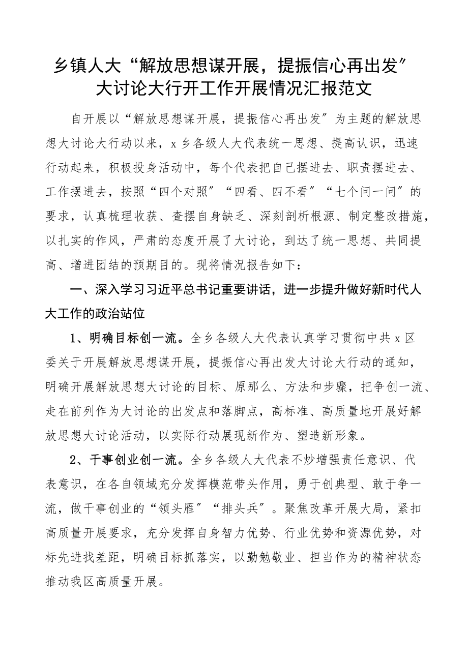 乡镇人大解放思想谋发展提振信心再出发大讨论大行动工作开展情况汇报工作汇报总结报告.docx_第1页