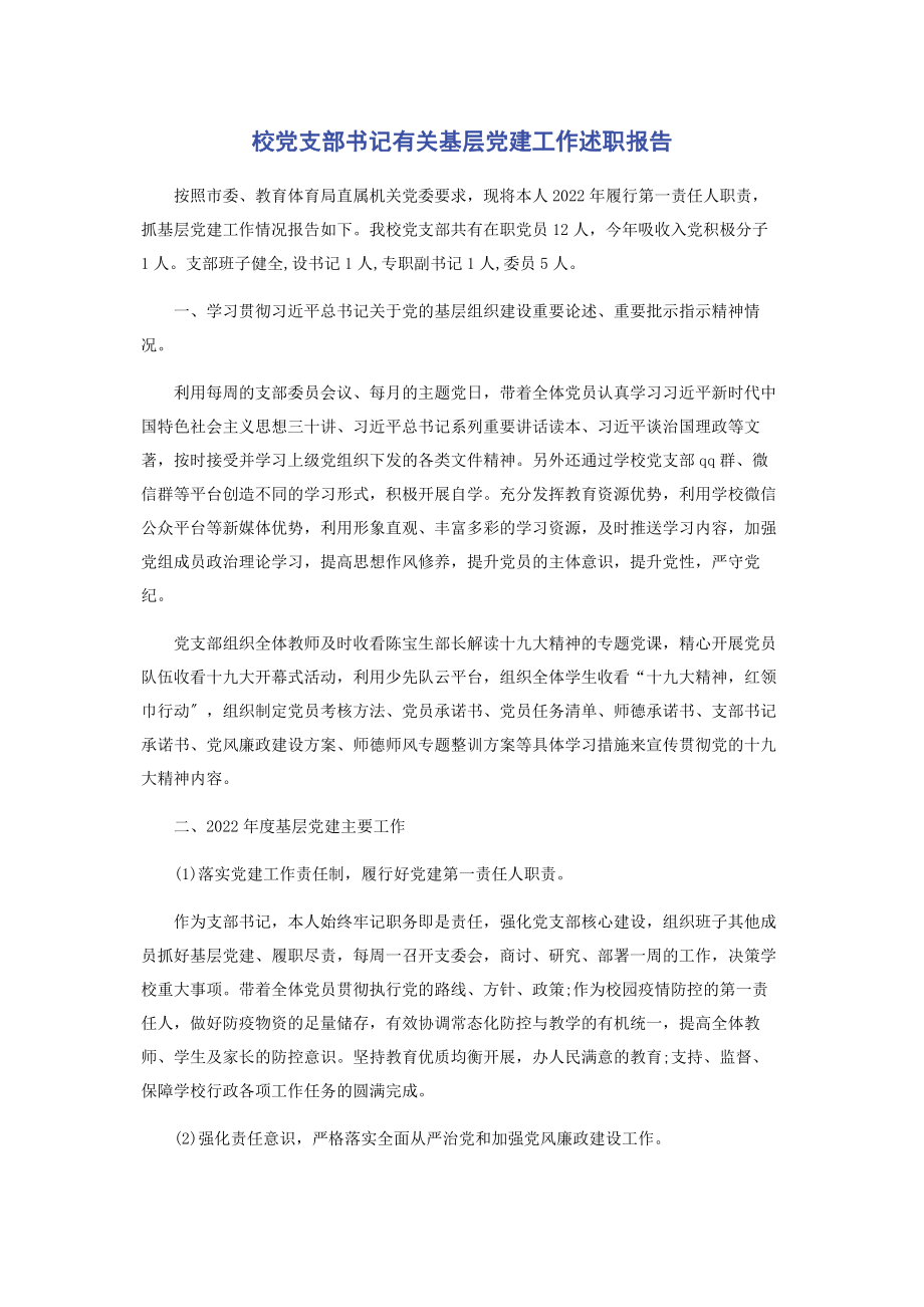 2023年校党支部书记基层党建工作述职报告.docx_第1页