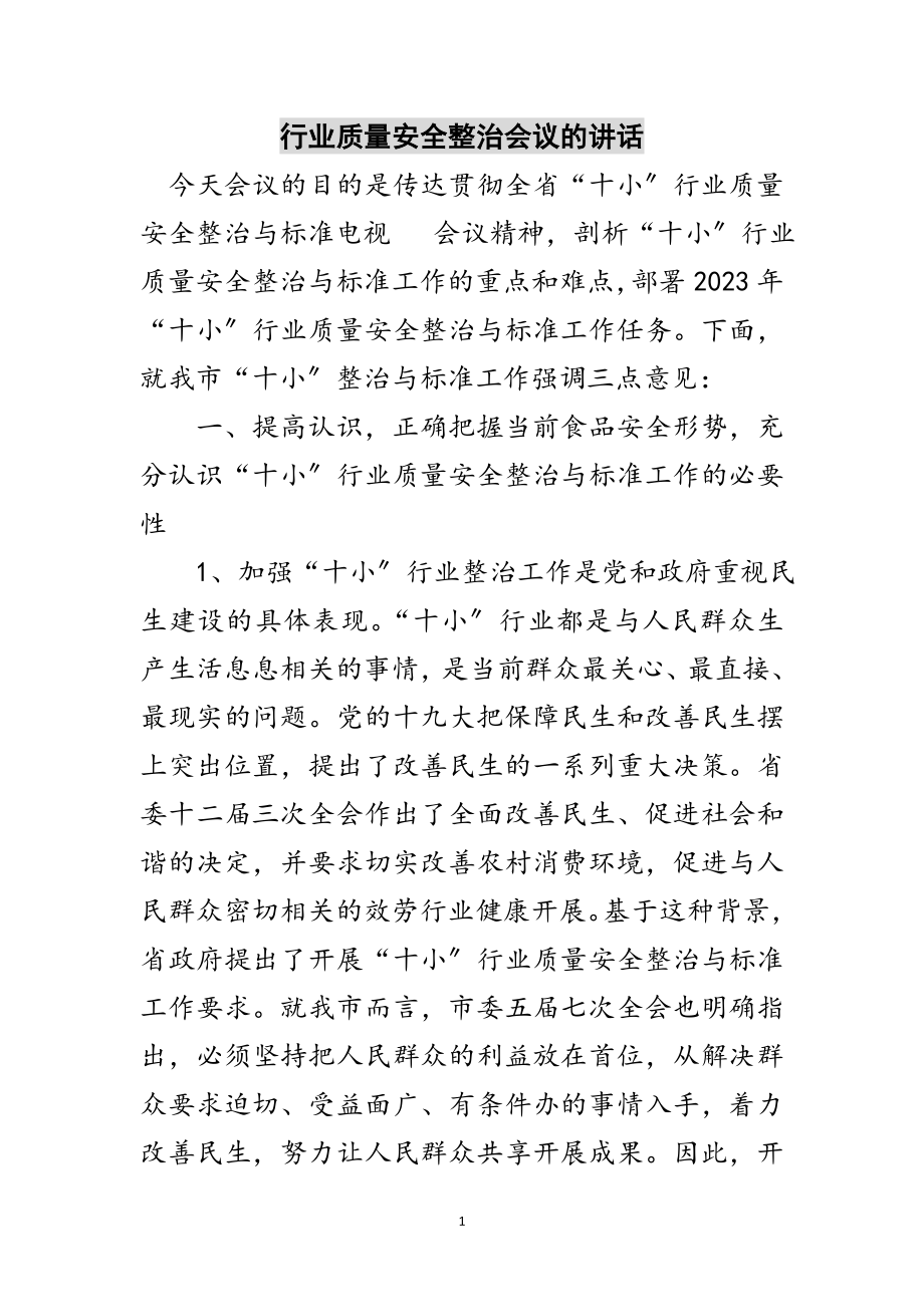 2023年行业质量安全整治会议的讲话范文.doc_第1页