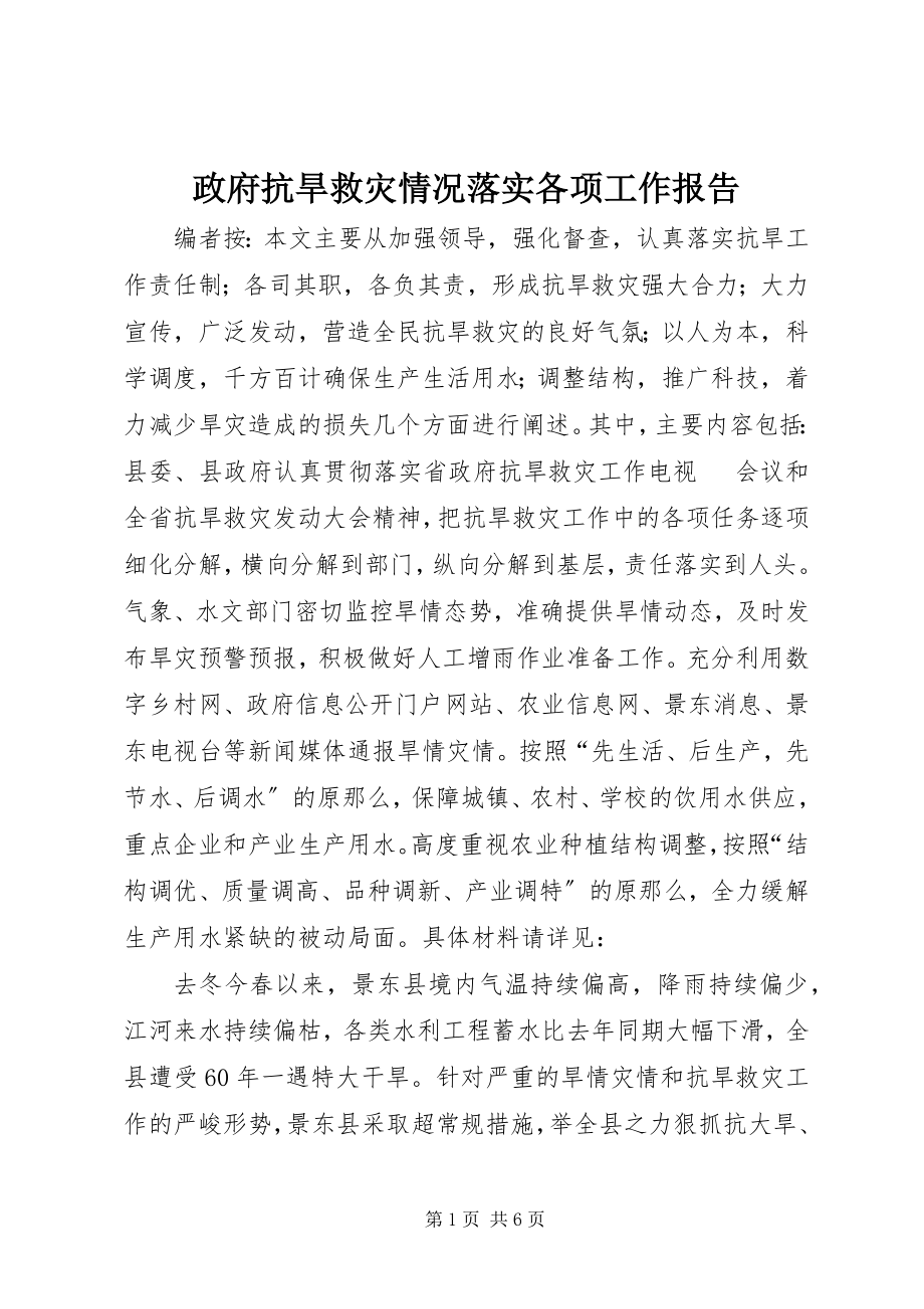 2023年政府抗旱救灾情况落实各项工作报告.docx_第1页