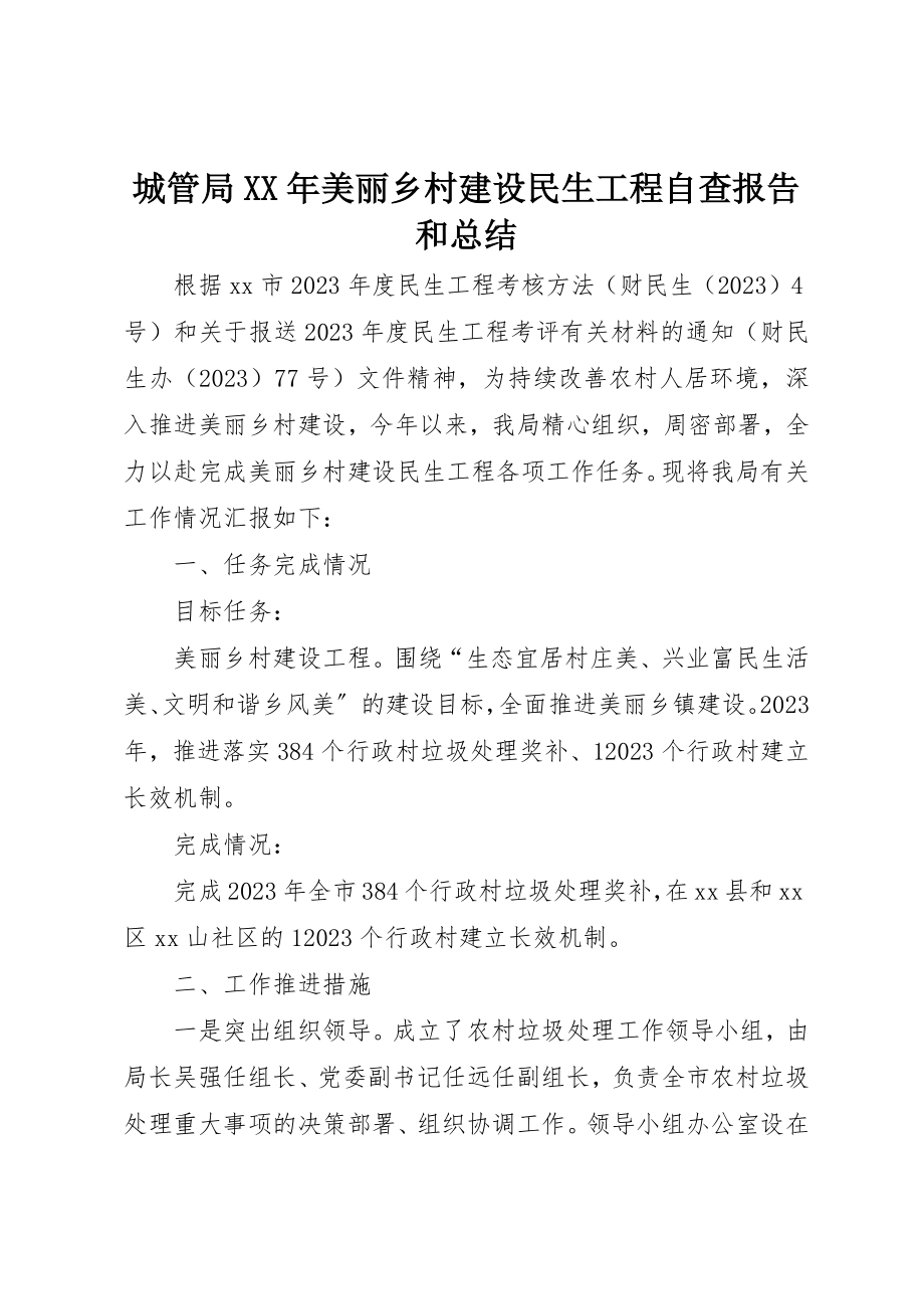 2023年城管局某年美丽乡村建设民生工程自查报告和总结.docx_第1页