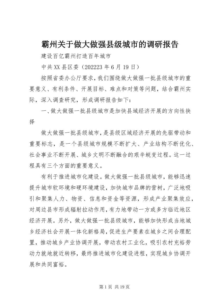 2023年霸州关于做大做强县级城市的调研报告.docx_第1页