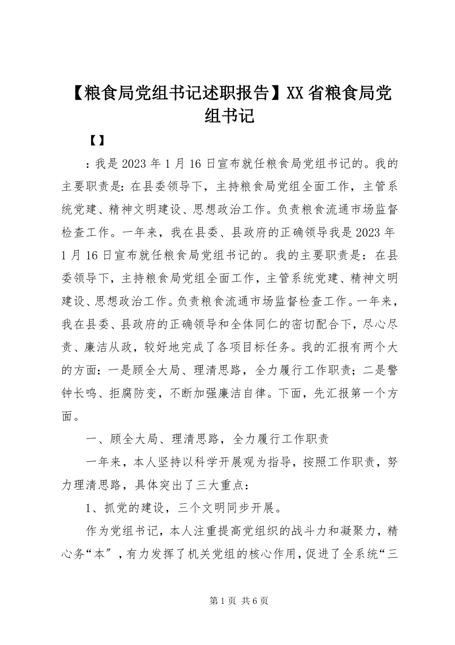 2023年粮食局党组书记述职报告XX省粮食局党组书记.docx_第1页