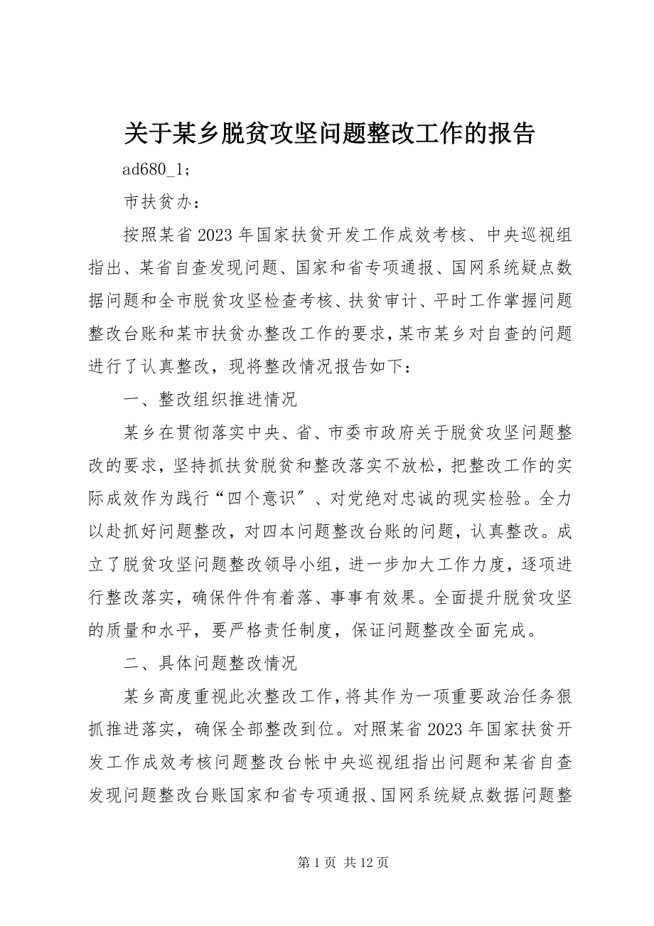 2023年某乡脱贫攻坚问题整改工作的报告.docx_第1页