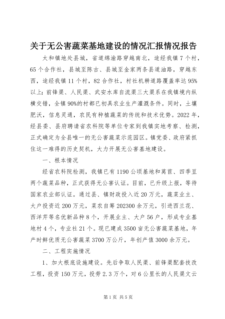 2023年无公害蔬菜基地建设的情况汇报情况报告.docx_第1页