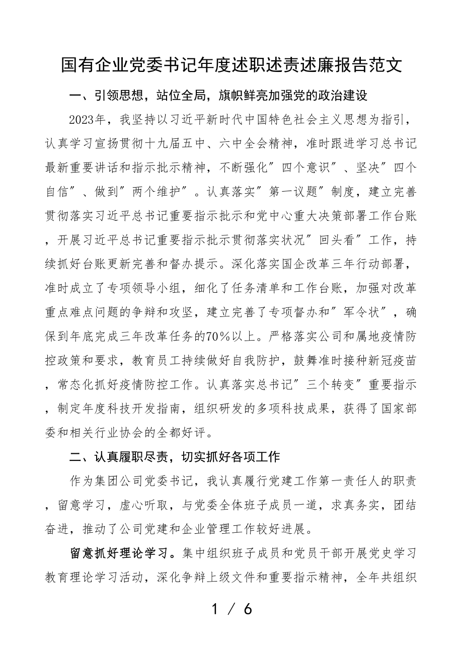 2023年国有企业党委书记年度述职述责述廉报告国企集团公司.doc_第1页