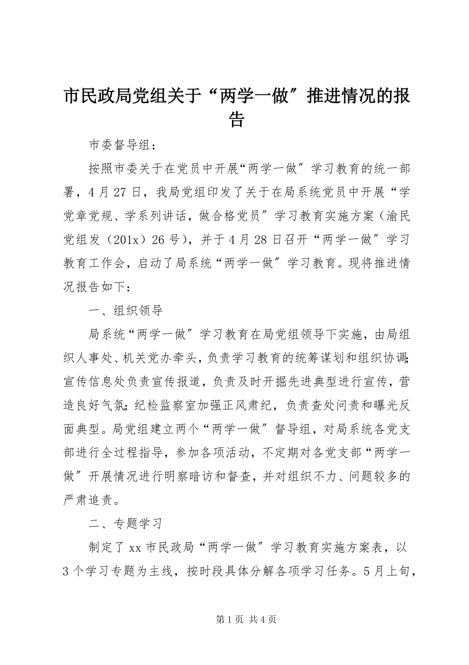 2023年市民政局党组关于“两学一做”推进情况的报告.docx_第1页