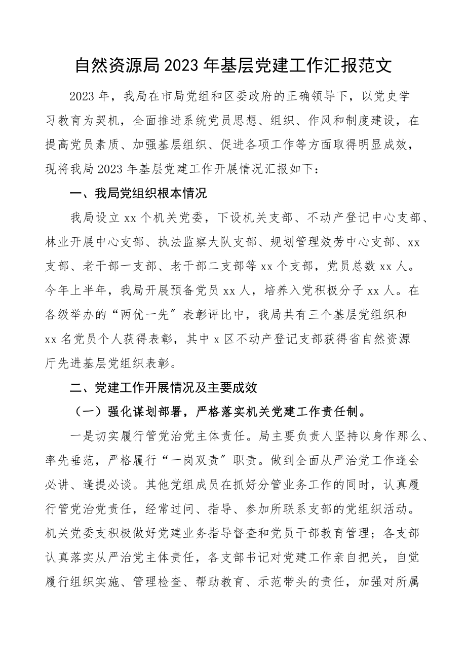 自然资源局2023年基层党建工作汇报工作总结报告.docx_第1页