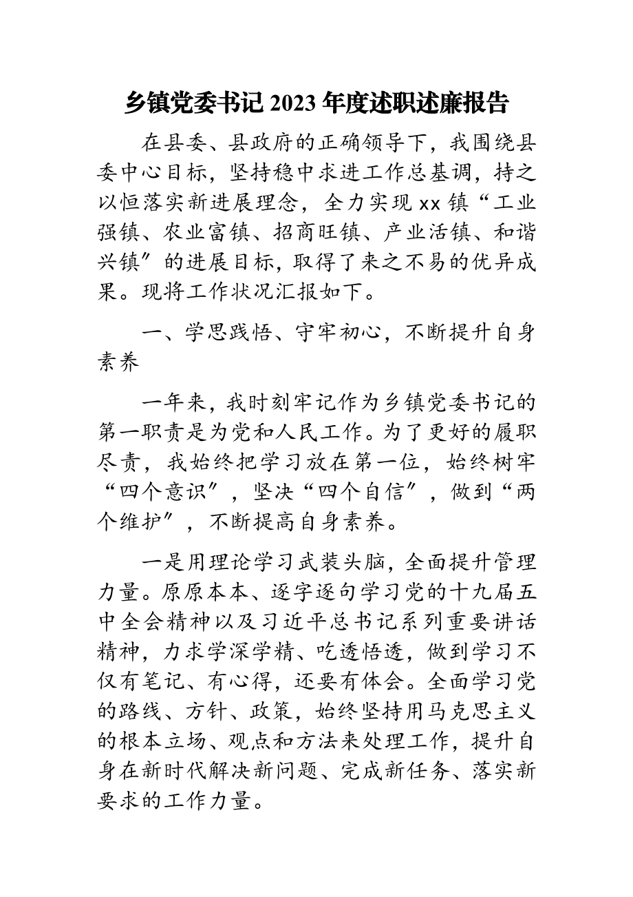 乡镇党委书记2023年度述职述廉报告.doc_第1页