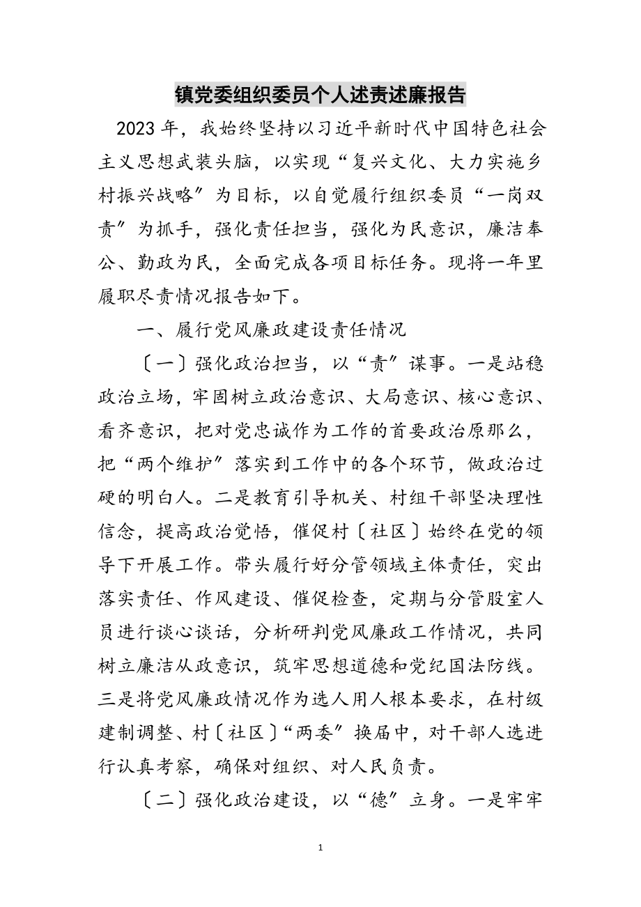 2023年镇党委组织委员个人述责述廉报告范文.doc_第1页