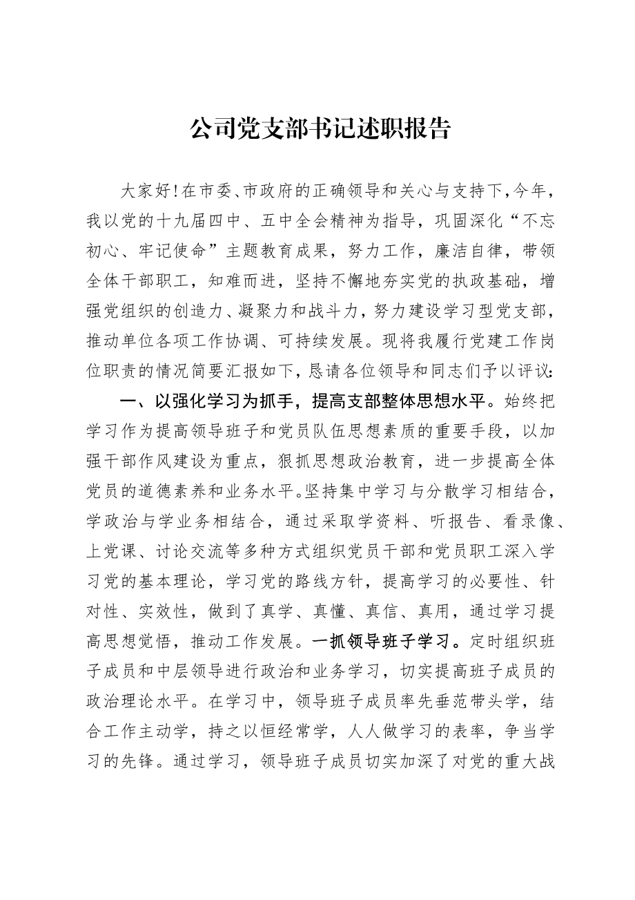 公司党支部书记述职报告.docx_第1页