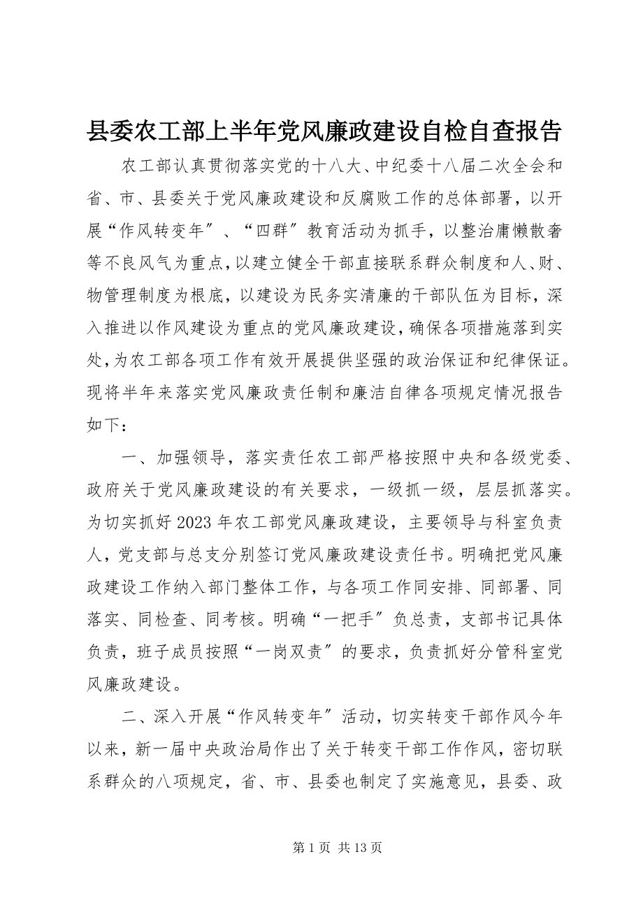 2023年县委农工部上半年党风廉政建设自检自查报告.docx_第1页