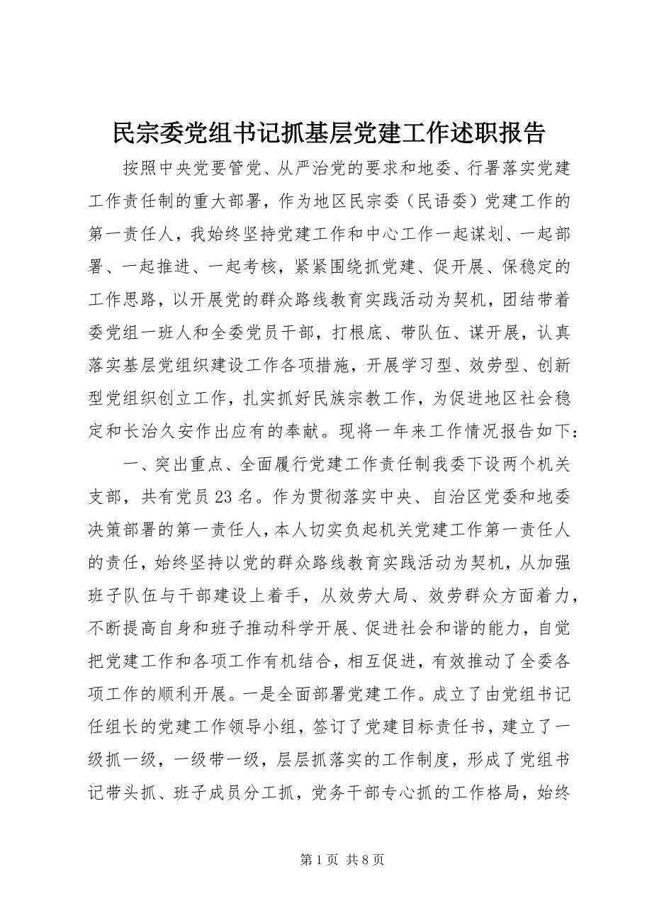 2023年民宗委党组书记抓基层党建工作述职报告.docx_第1页