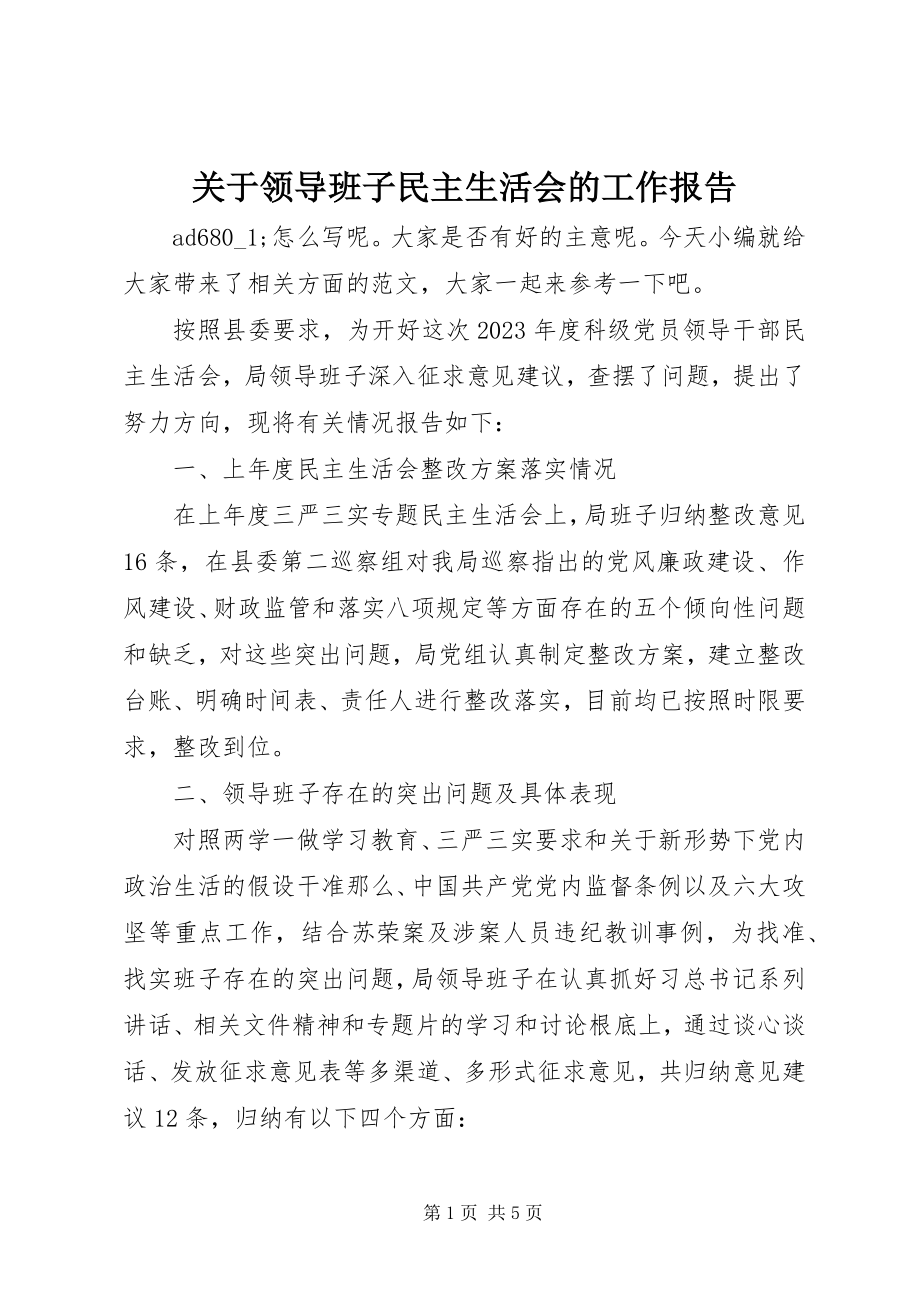 2023年领导班子民主生活会的工作报告.docx_第1页