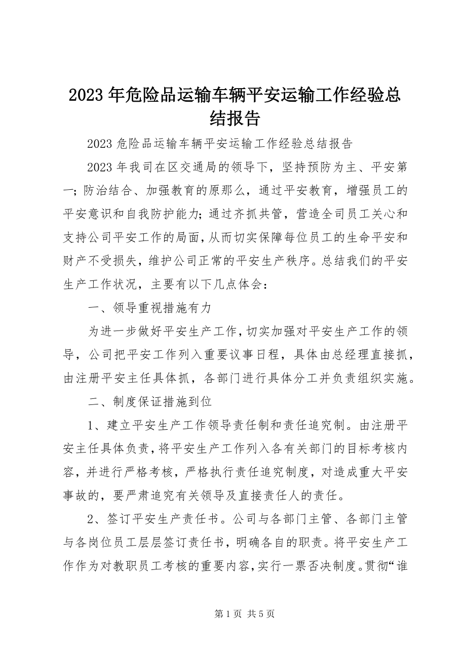 2023年危险品运输车辆安全运输工作经验总结报告.docx_第1页