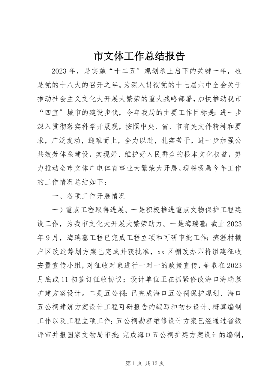 2023年市文体工作总结报告.docx_第1页