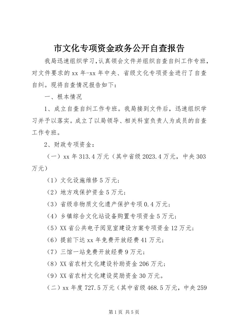 2023年市文化专项资金政务公开自查报告.docx_第1页