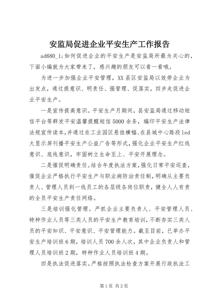 2023年安监局促进企业安全生产工作报告新编.docx_第1页