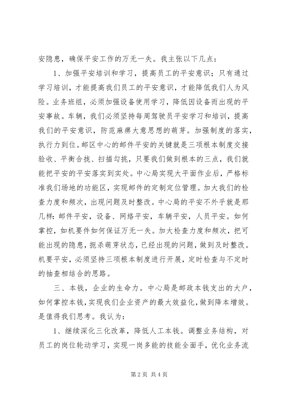 2023年邮政局邮区中心局调度室副主任岗位竞聘报告.docx_第2页