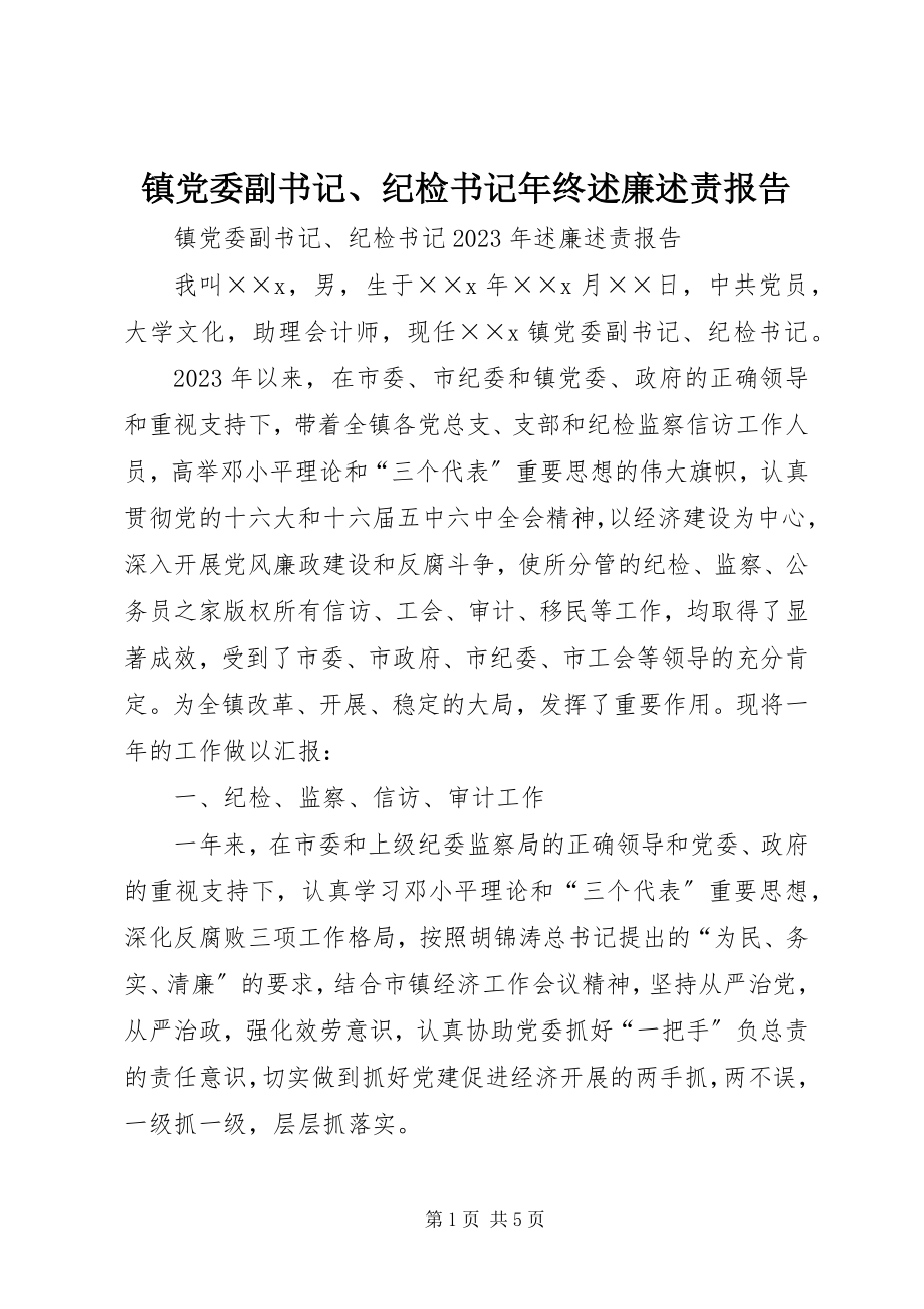 2023年镇党委副书记纪检书记年终述廉述责报告.docx_第1页