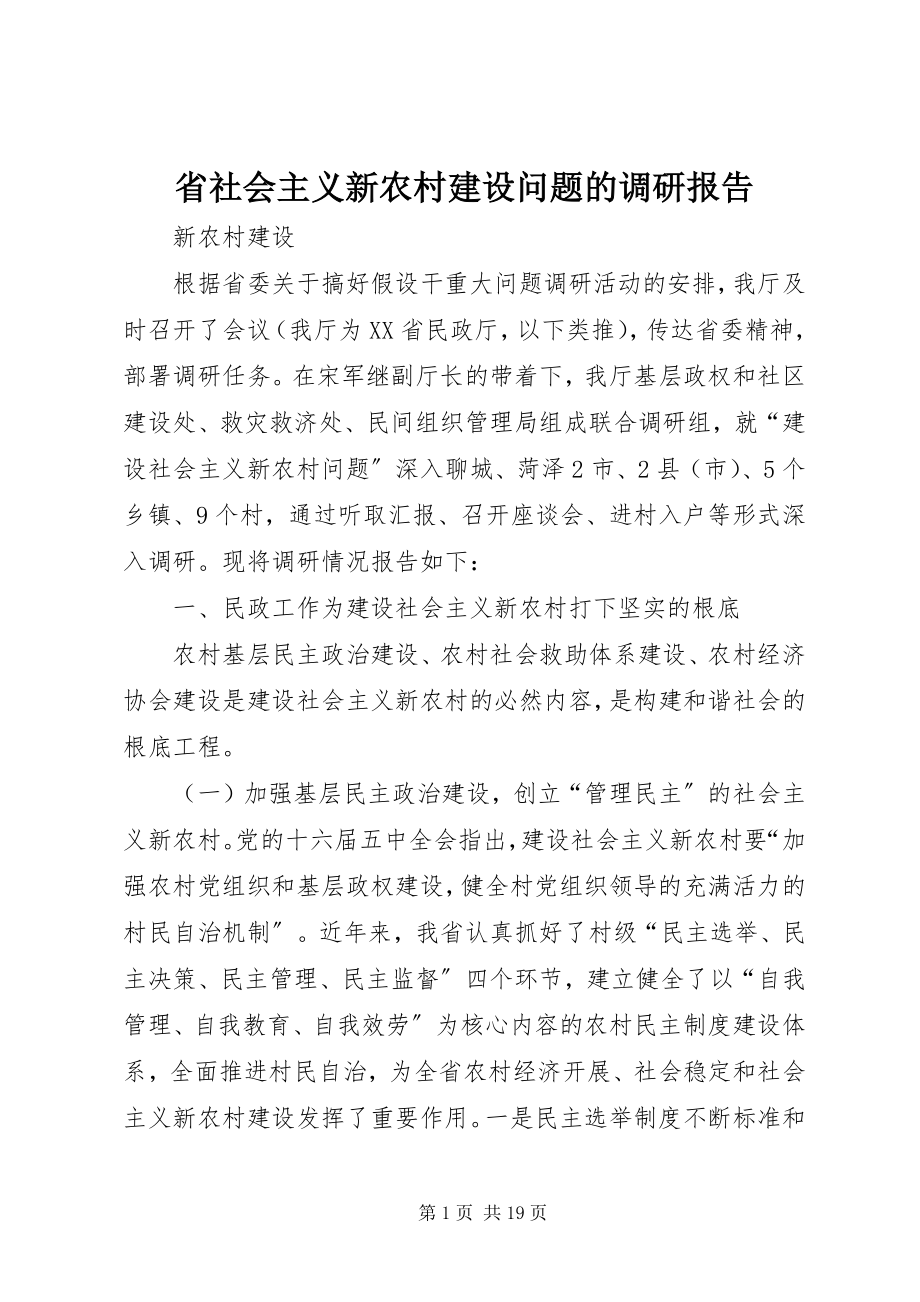 2023年省社会主义新农村建设问题的调研报告.docx_第1页