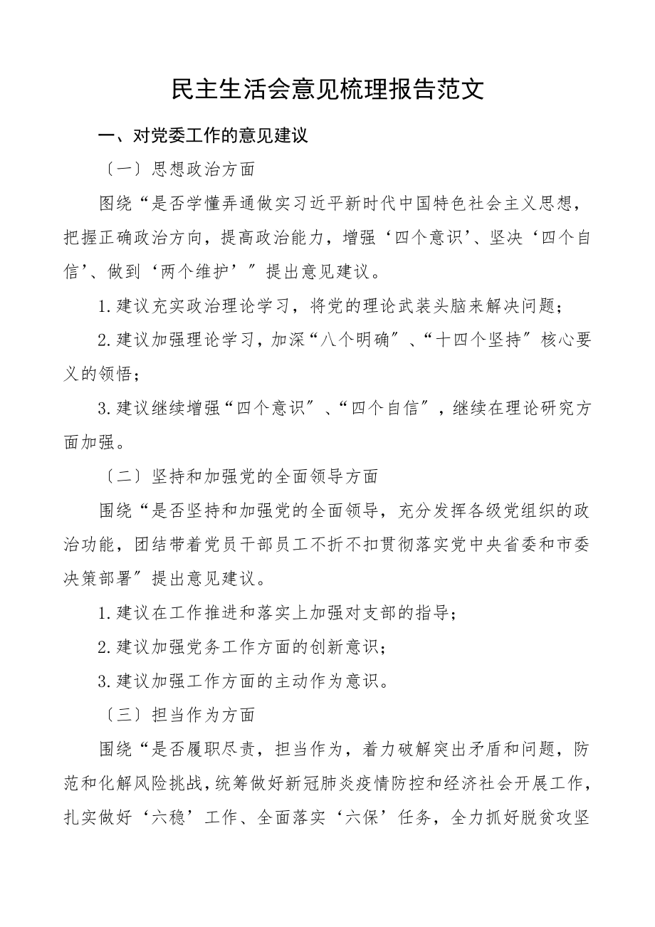 征求意见汇总民主生活会意见建议梳理报告对党委对党员领导干部个人意见建议问题清单.doc_第1页