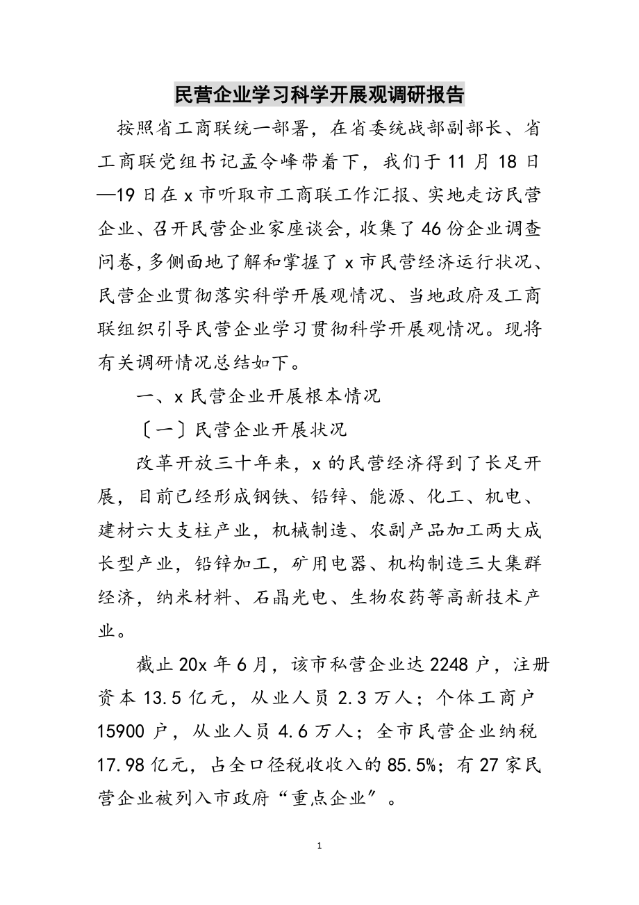 2023年民营企业学习科学发展观调研报告范文.doc_第1页