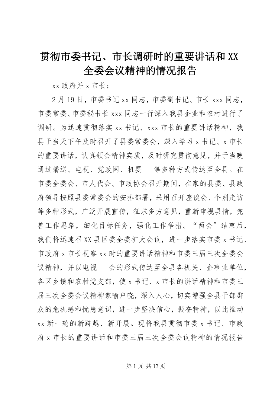 2023年贯彻市委书记、市长调研时的重要致辞和XX全委会议精神的情况报告.docx_第1页