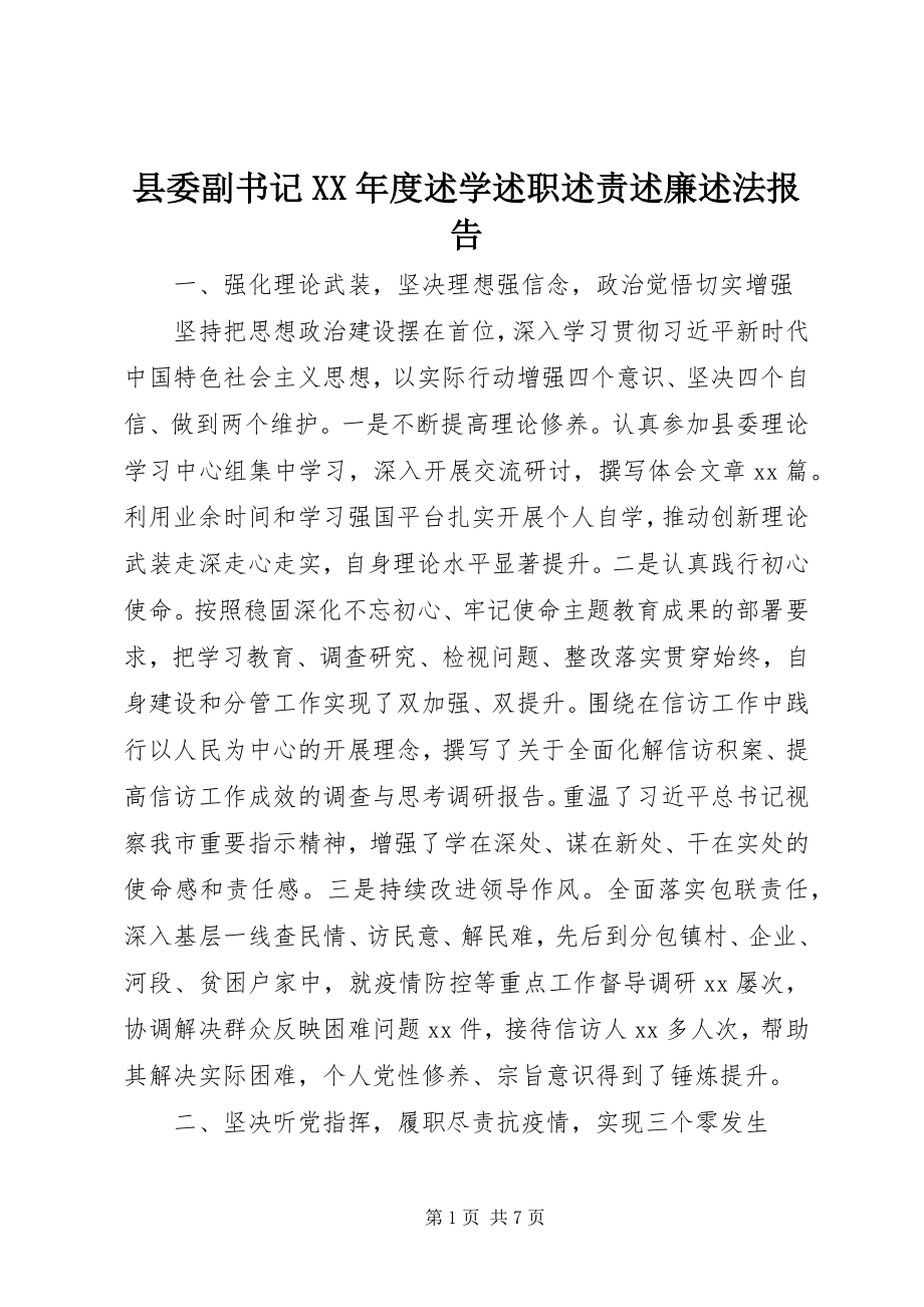 2023年县委副书记度述学述职述责述廉述法报告.docx_第1页