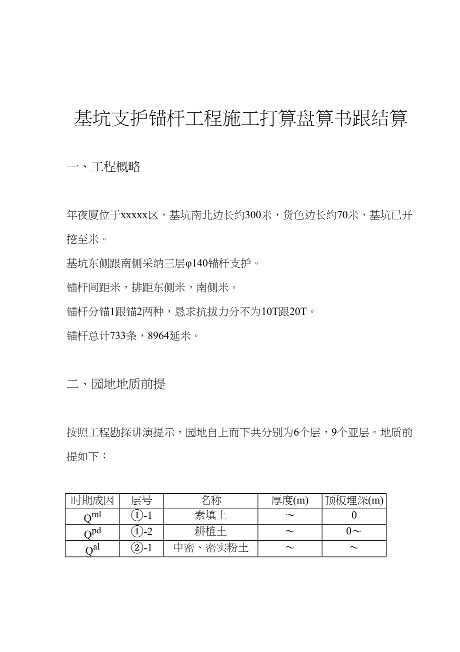 2023年建筑行业基坑支护锚杆工程施工组织设计方案计算书和结算.docx_第1页