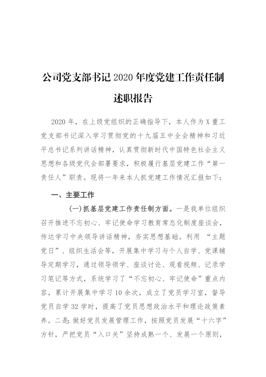 公司党支部书记2020年度党建工作责任制述职报告.docx_第1页