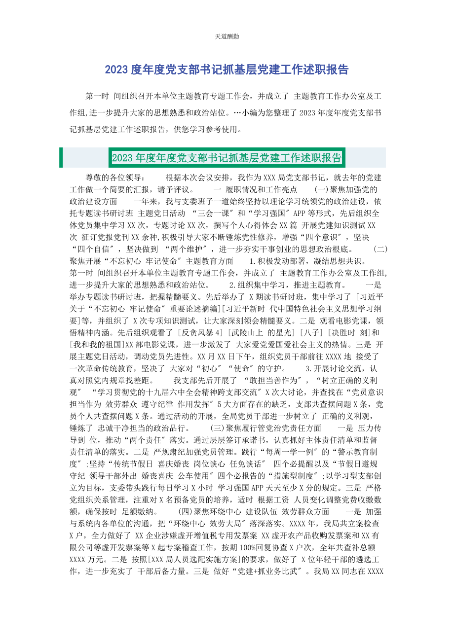 2023年度度党支部书记抓基层党建工作述职报告.docx_第1页