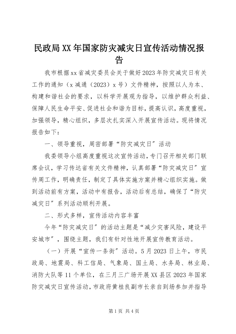 2023年民政局国家防灾减灾日宣传活动情况报告.docx_第1页