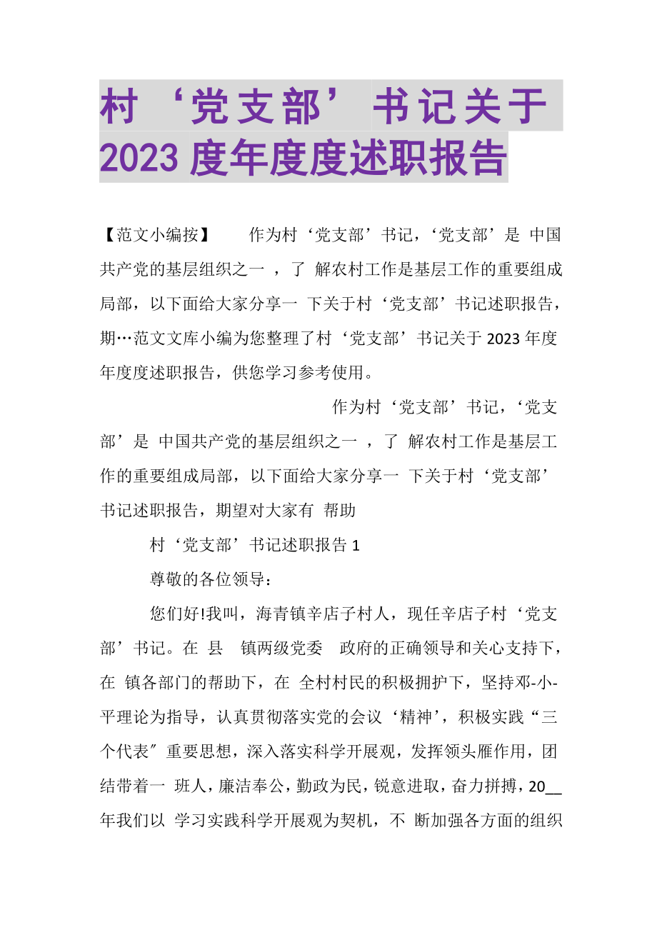 2023年村‘党支部’书记关于年度度述职报告.doc_第1页