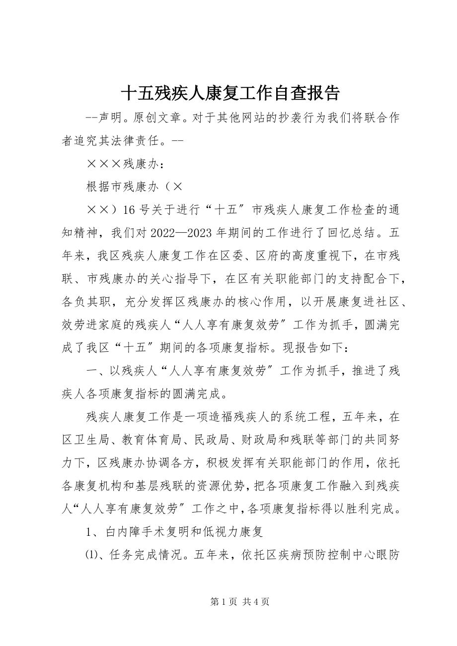 2023年十五残疾人康复工作自查报告.docx_第1页