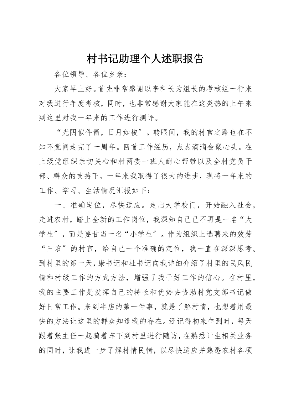 2023年村书记助理个人述职报告新编.docx_第1页