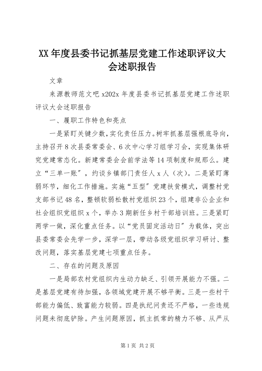 2023年县委书记抓基层党建工作述职评议大会述职报告.docx_第1页