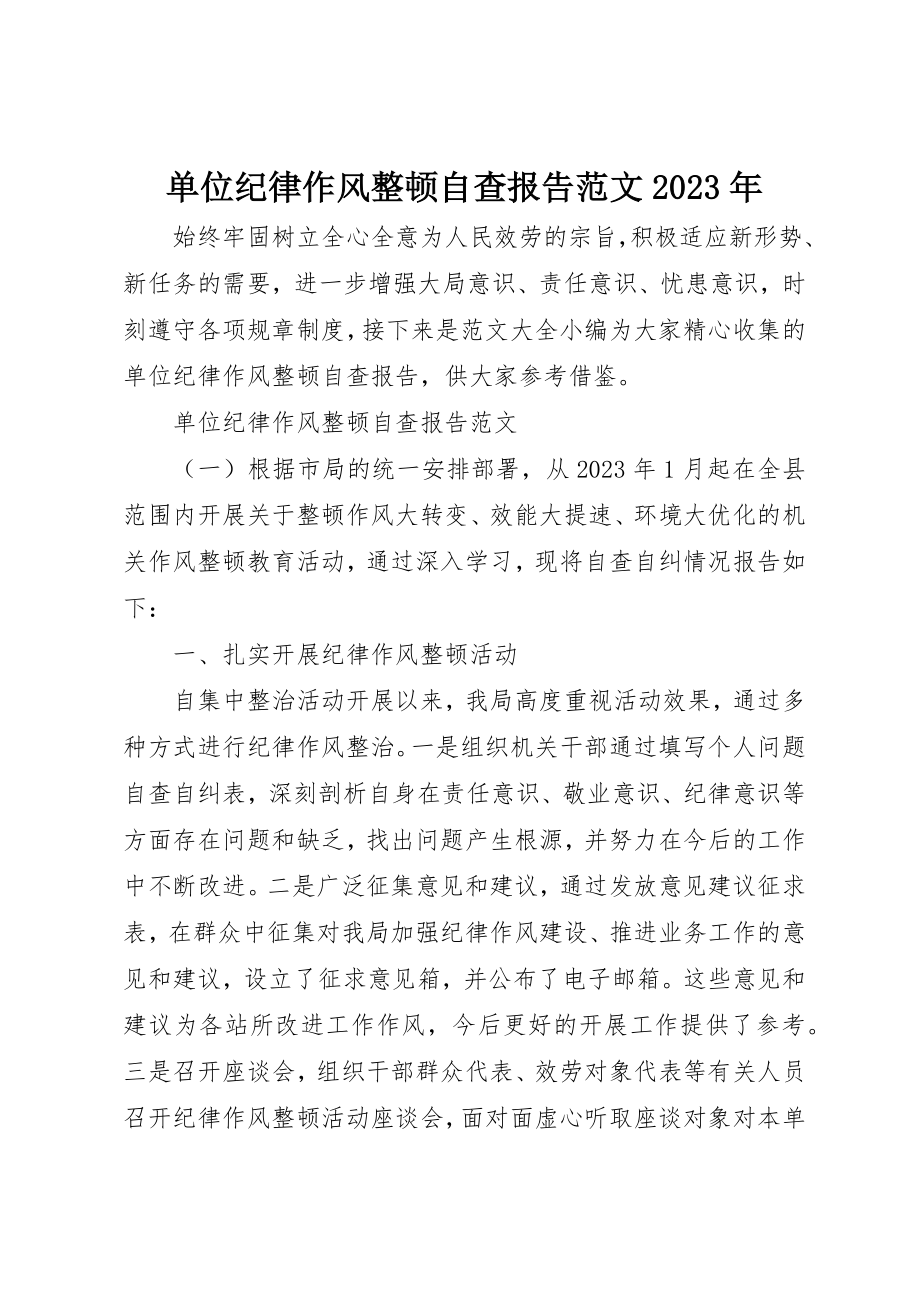 2023年单位纪律作风整顿自查报告某年.docx_第1页