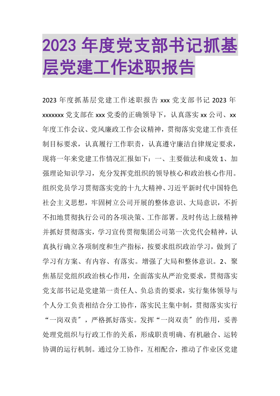 2023年度党支部书记抓基层党建工作述职报告.doc_第1页