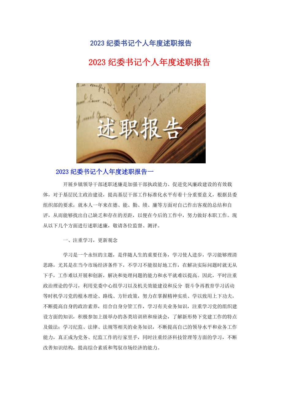 2023年纪委书记个人年度述职报告.docx_第1页